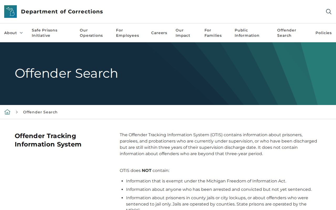Michigan OTIS official information page explaining offender-search scope